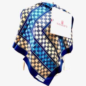 New In Box Lanvin 100% Silk Scarf Satin 32" Blue Beige Black Green Bock color(60